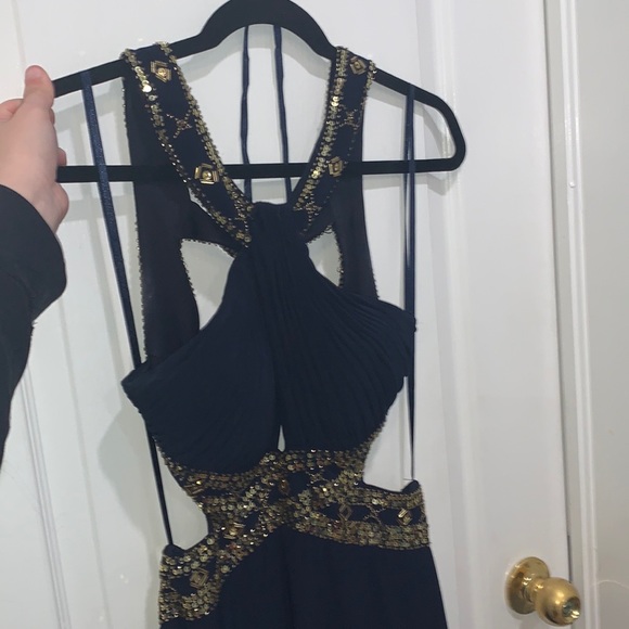 Laura Luxurious Dark Blue Long Dress Open Back with Gold Crystals - Picture 4 of 13